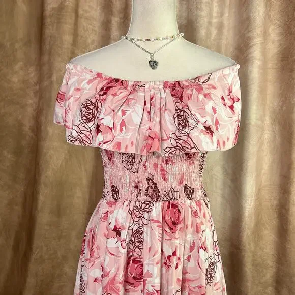 Y2K Ruffled Dress Midi Smocked Top Floral Rose Butterfly Pink Fairy Folk Spring - Picture 3 of 5